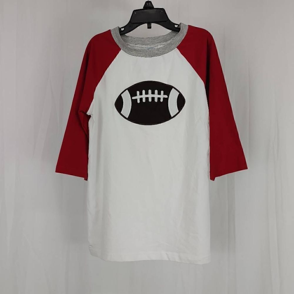 Smock Monkey Boys Size 8 White With Red Sleeve Raglan Football Tee.